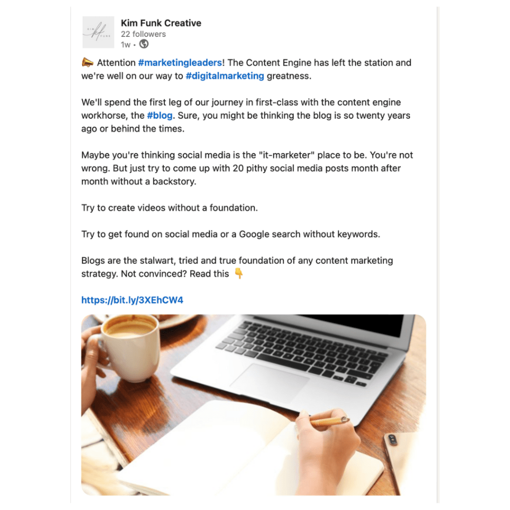 Example LinkedIn post to illustrate what a mini-blog can look like on LInkedIn